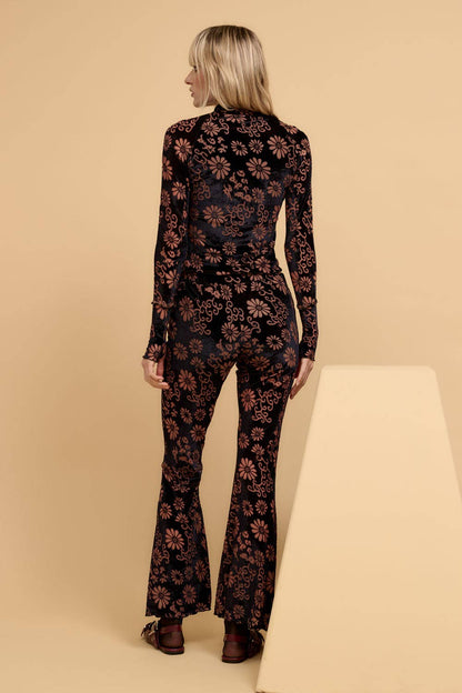 Sale - Annabel Floral Burnout-Velvet High-Waist Flared Pants