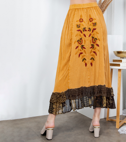 Sale - Rustic Bohemian: Asymmetrical Embroidered Midi Skirt