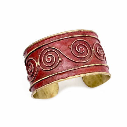 Brass Patina Cuff Bracelet - Red Swirls