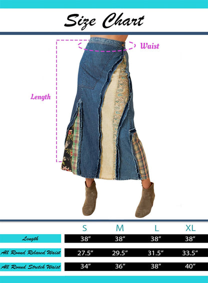 SALE Whimsy Western Boho Chic Patch Inserted Denim Midi Skirt