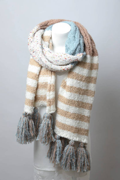 Boho Speckle Stripe Tassel Scarf  in Blue Mocha