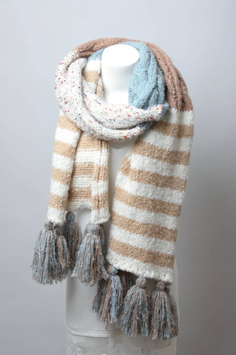 Boho Speckle Stripe Tassel Scarf  in Blue Mocha