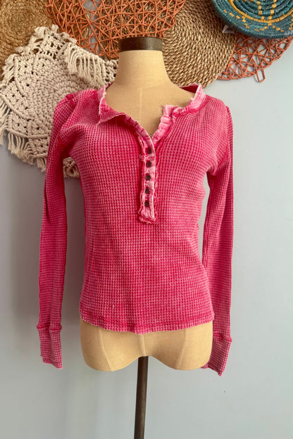 SALE Washed Baby Waffle Henley Long Sleeve Top