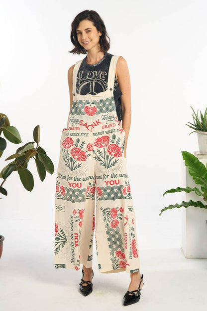 Red Florals Cotton Wide Leg Summer Jumpsuit Overall Printed