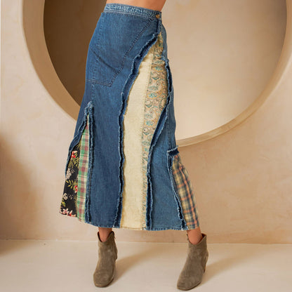 SALE Whimsy Western Boho Chic Patch Inserted Denim Midi Skirt