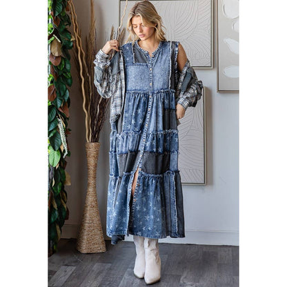 Take Me Away Flared Denim Button Down Vest Dress