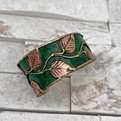 Brass Patina Cuff Bracelet - Green Leaves & Vines