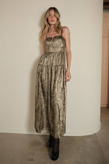 Sale - Check Mate Textured Metallic Fit-and-Flare Corset Maxi Dress