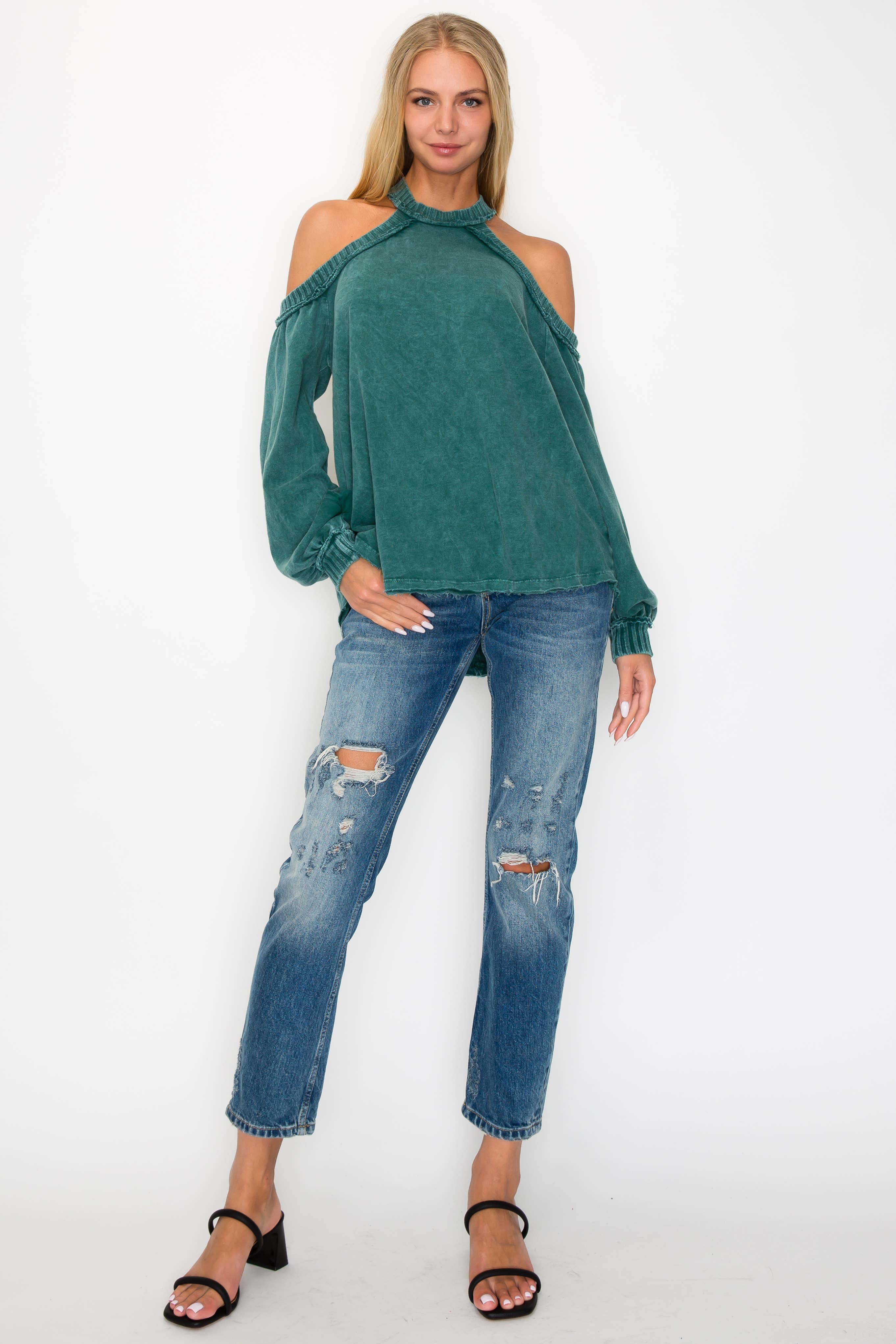 SALE The Jenna Mineral Wash Open Shoulder Top