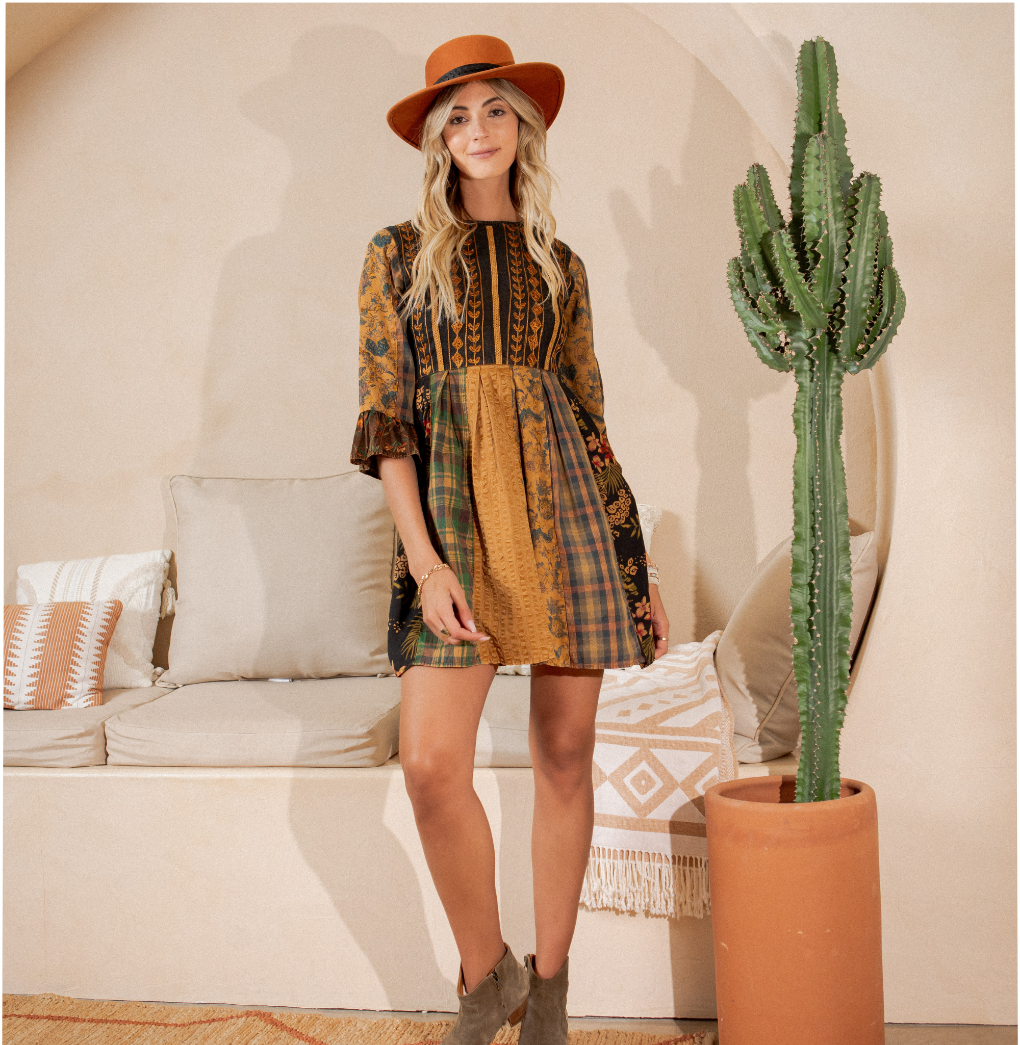 Sale - Rustic Bohemian: Fit and Flare Patchwork Mini Dress