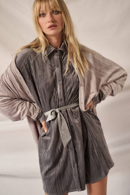 Final Sale - So Cool Metallic Crinkle Velvet Button-Up Mini Shirt Dress