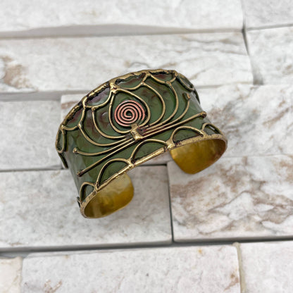 Brass Patina Cuff Bracelet - Green Open Lotus