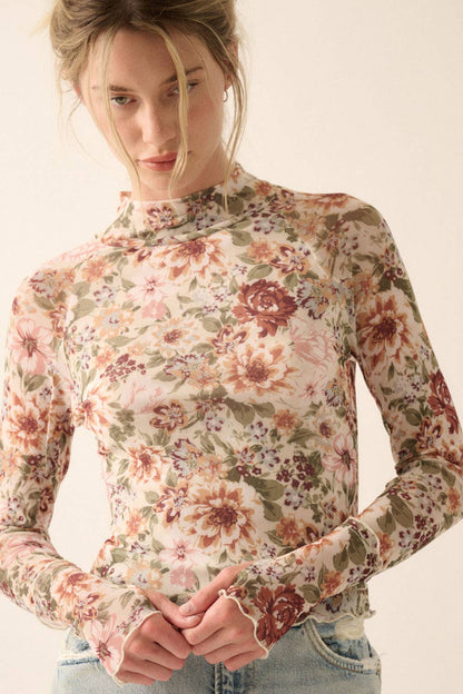 Floral Mesh Lettuce-Edge Thumbhole High-Neck Top in Cream