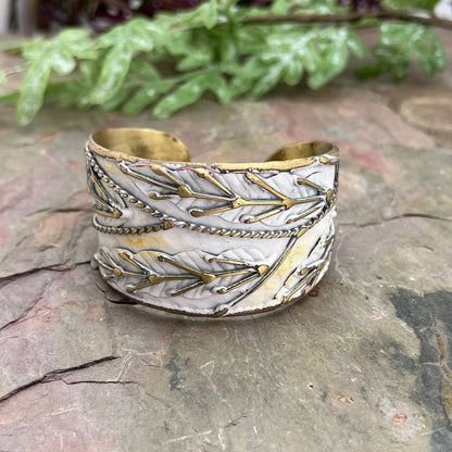 Brass Patina Cuff Bracelet - White Leaves