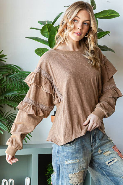 Mineral washed ruffle crochet sleeves