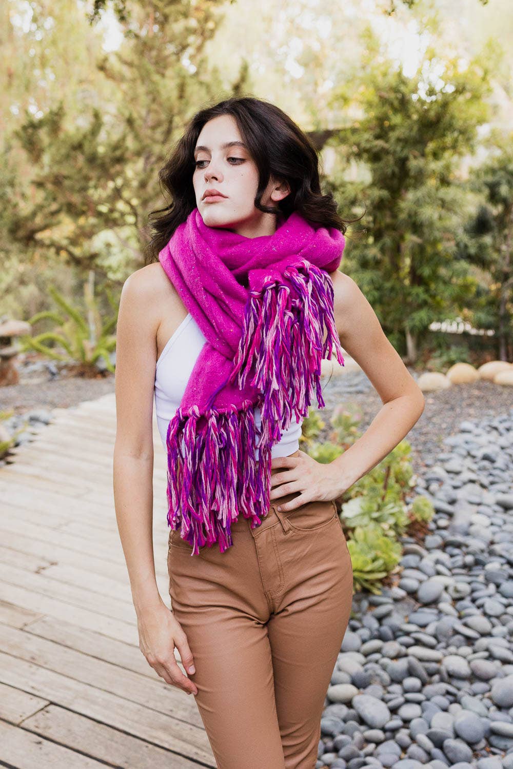 Sale - Colorful Speckle Frayed Border Bohemian Scarf in Fuchsia