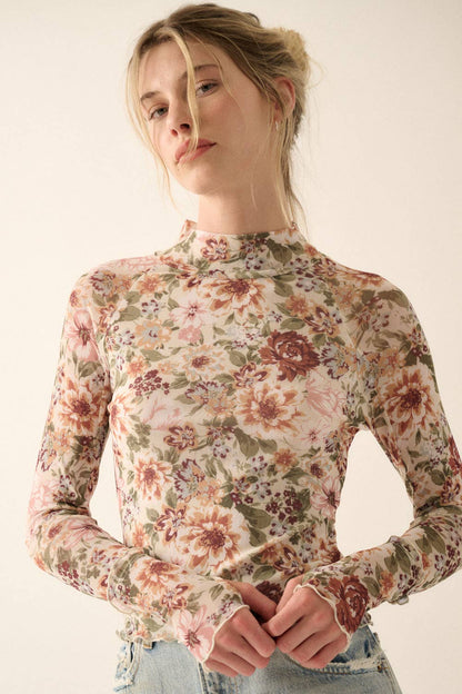 Floral Mesh Lettuce-Edge Thumbhole High-Neck Top in Cream