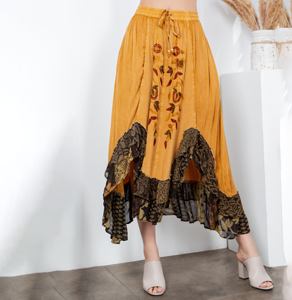 Sale - Rustic Bohemian: Asymmetrical Embroidered Midi Skirt