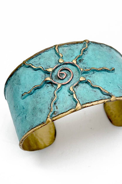 Brass Patina Cuff Bracelet - Light Blue Sun