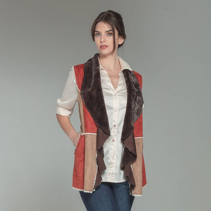 The Roxy Faux Suede Patchwork Open Front Vest Faux Fur Lined: Brick Multi