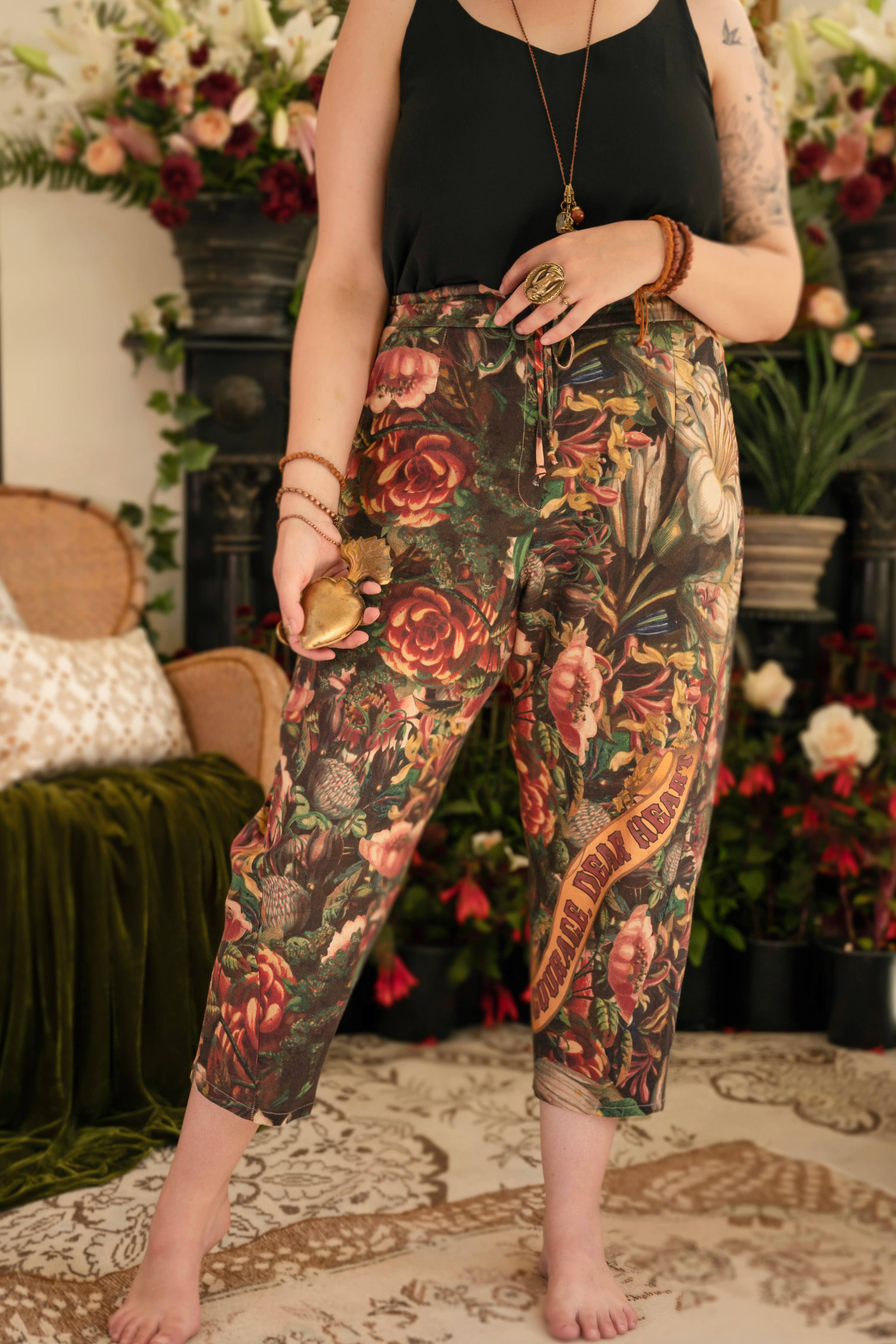 Courage Dear Heart Linen Cropped Artist Pant w/ Sacred Heart