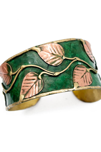 Brass Patina Cuff Bracelet - Green Leaves & Vines