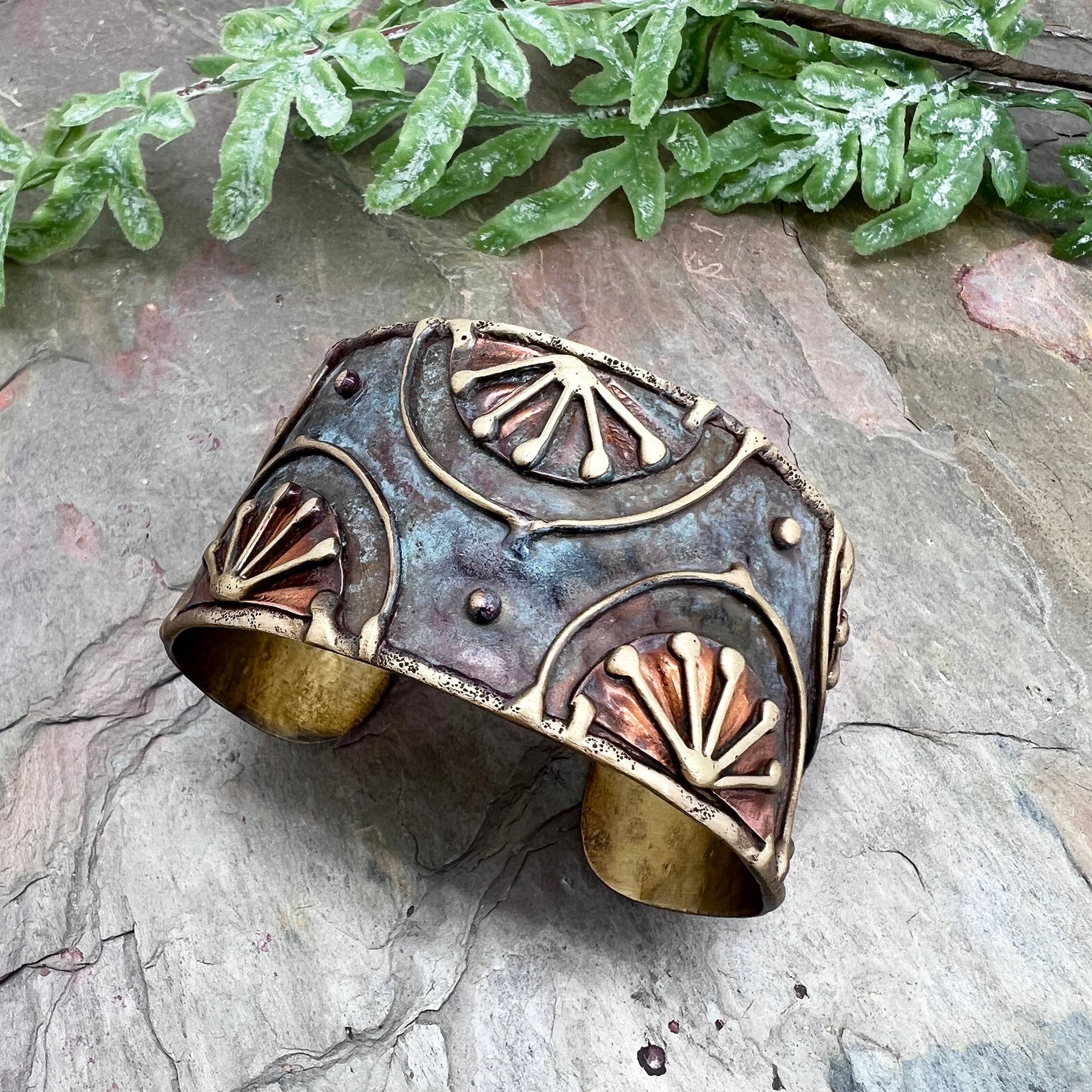 Brass Patina Cuff Bracelet - Rustic Blue Rising Sun