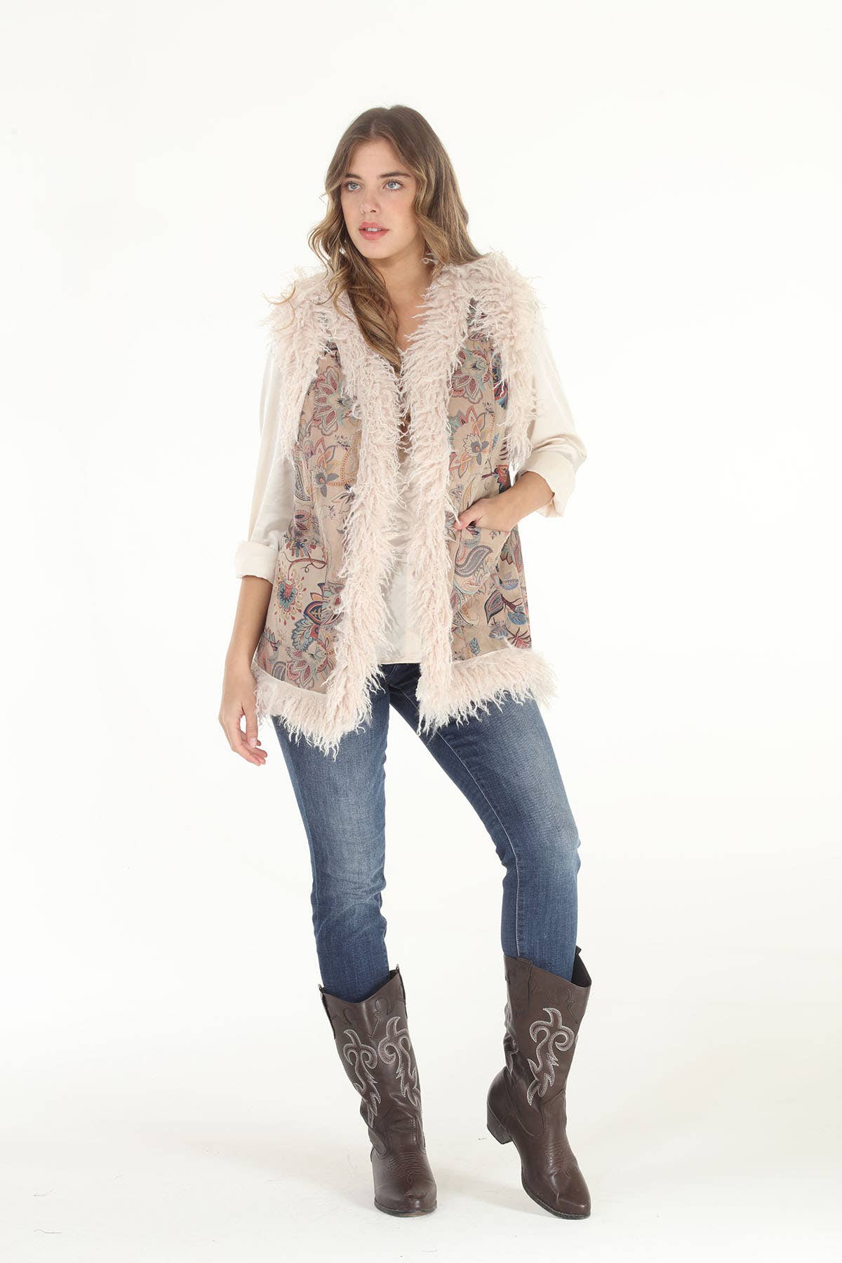 Final Sale - Kristen Dusty Floral Faux Suede & Faux Shearling Vest