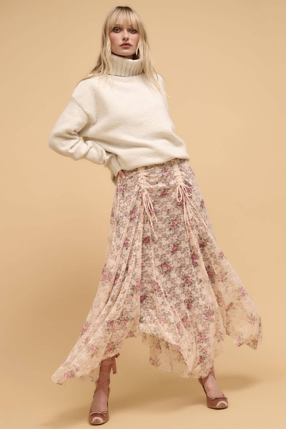 Sale - Rose Garden Floral Handkerchief-Hem Lace Maxi Skirt