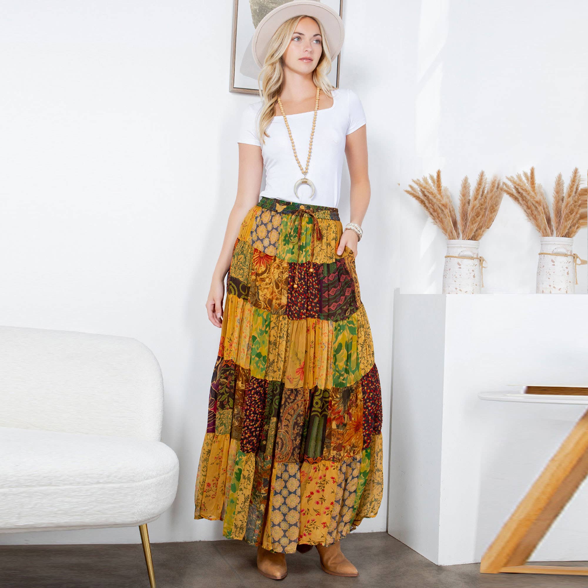 Final Sale - Rustic Bohemian: Patchwork Maxi Skirt