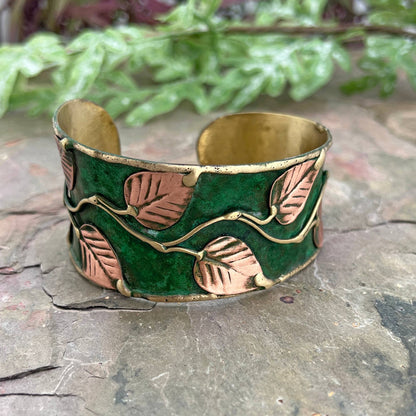 Brass Patina Cuff Bracelet - Green Leaves & Vines