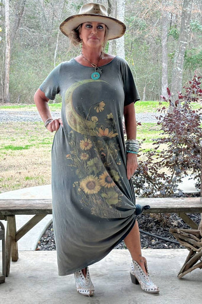 Moon Flower Dress Boho Mineral Washed Grunge Maxi