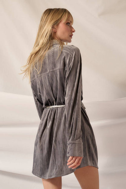 Final Sale - So Cool Metallic Crinkle Velvet Button-Up Mini Shirt Dress