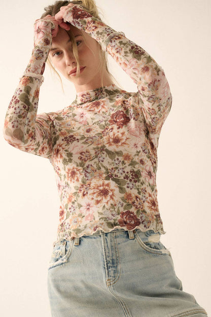 Floral Mesh Lettuce-Edge Thumbhole High-Neck Top in Cream