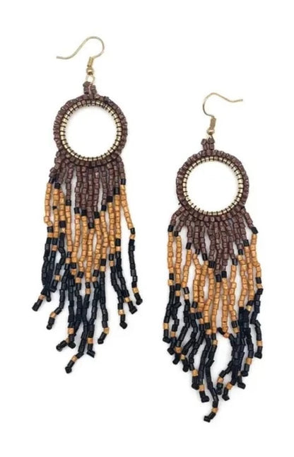 On Safari Open Circle Beaded Dangle Earring w/ Bead Fringe