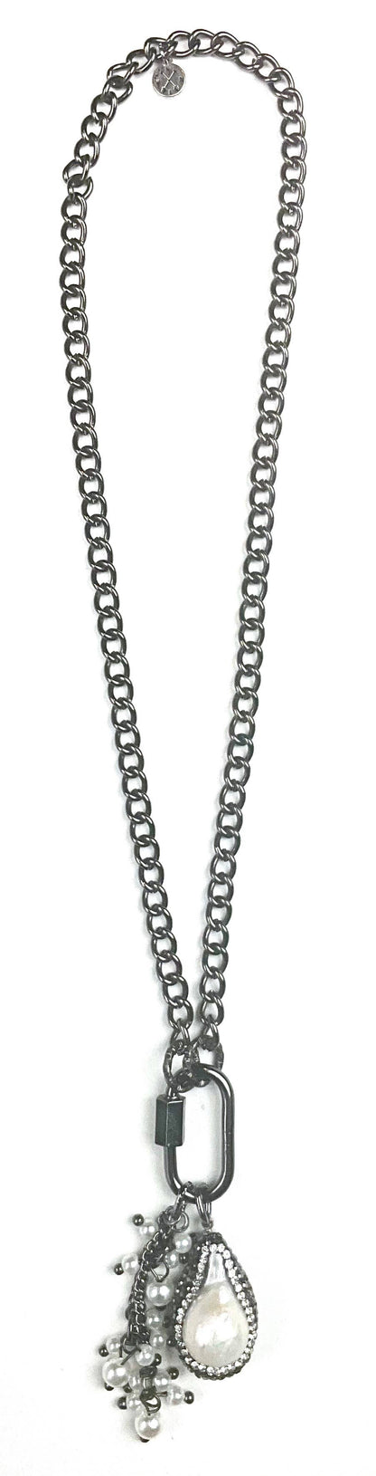 Sparkle Bright Med. Curb Chain w/Front Carabiner Pave Edge Pearl