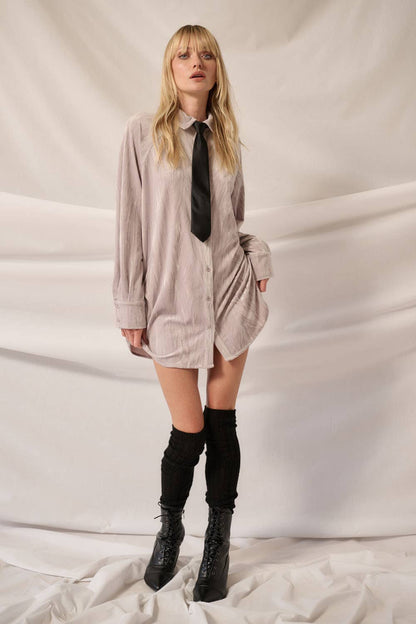 Final Sale - So Cool Metallic Crinkle Velvet Button-Up Mini Shirt Dress