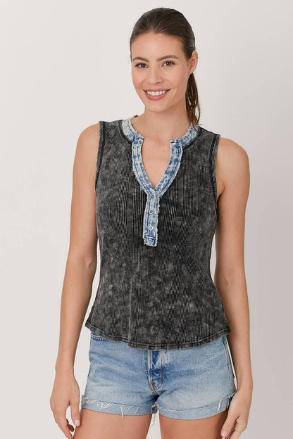 SALE Jen Washed Button Down Henley Tank in Black