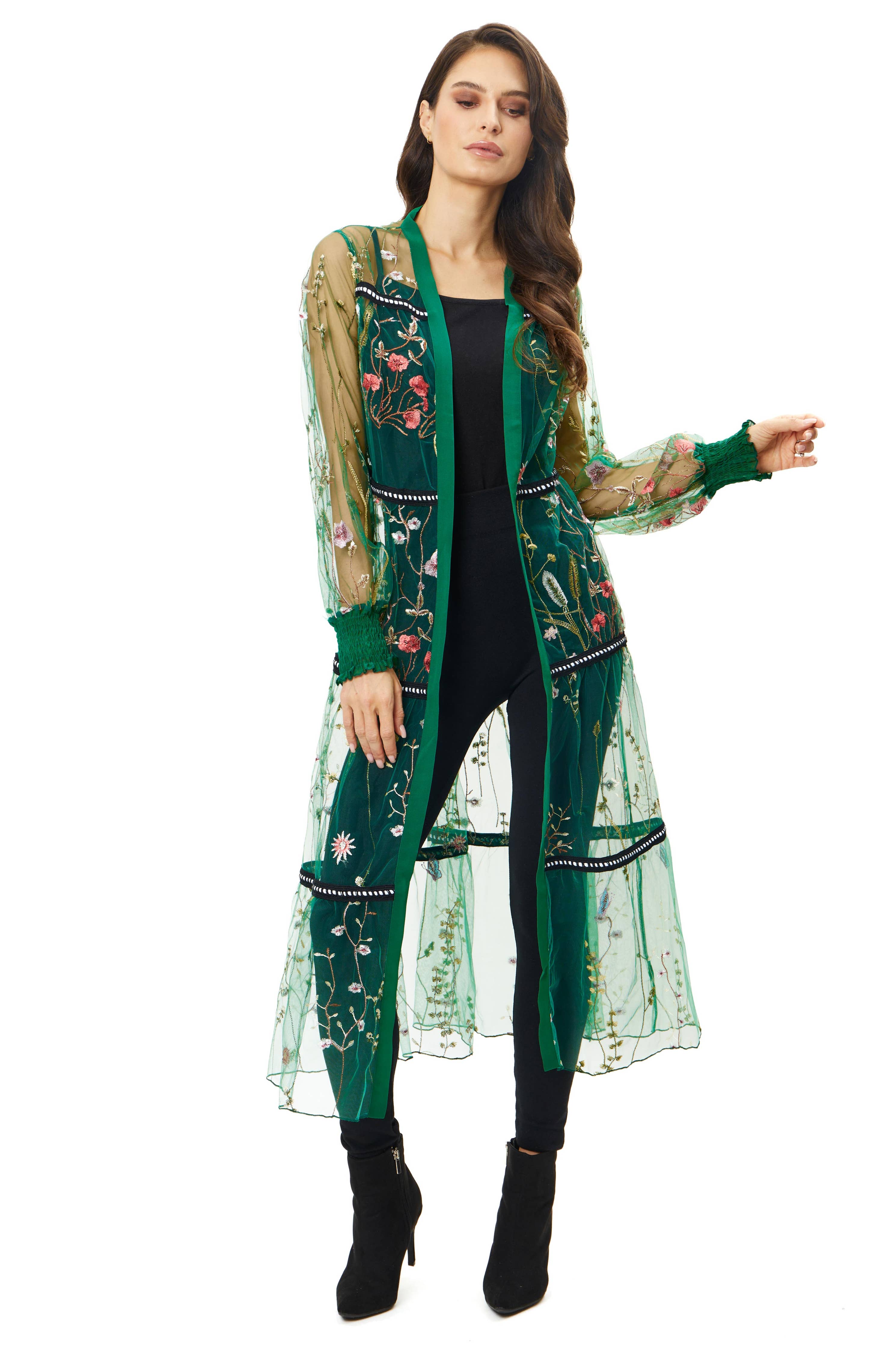 The Envy  - Mesh Embroidered Green Duster