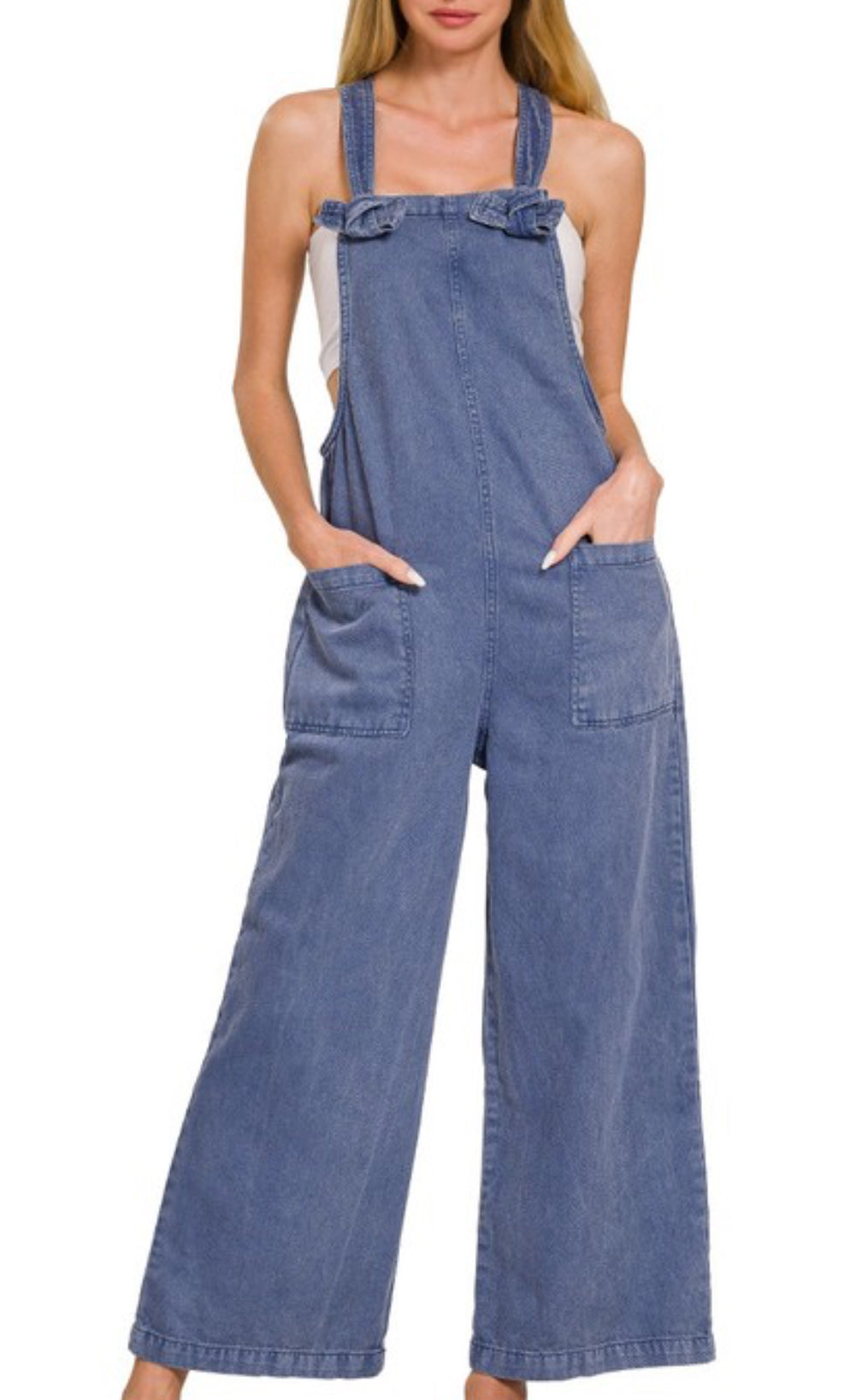 Sale Washed Knot Strap Pockets Jumpsuit Overall