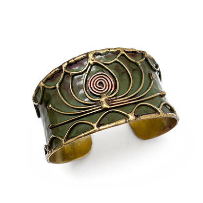 Brass Patina Cuff Bracelet - Green Open Lotus