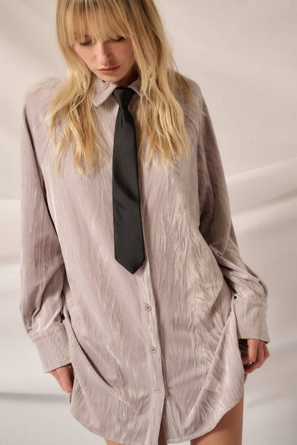 Final Sale - So Cool Metallic Crinkle Velvet Button-Up Mini Shirt Dress