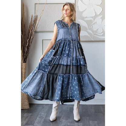 Take Me Away Flared Denim Button Down Vest Dress