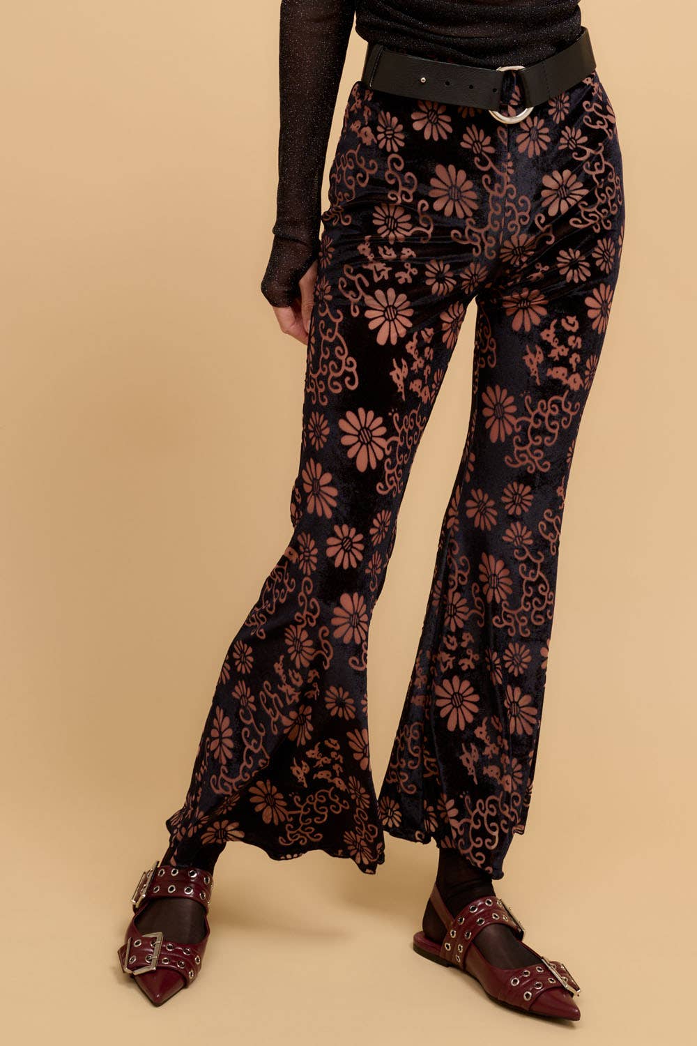 Sale - Annabel Floral Burnout-Velvet High-Waist Flared Pants