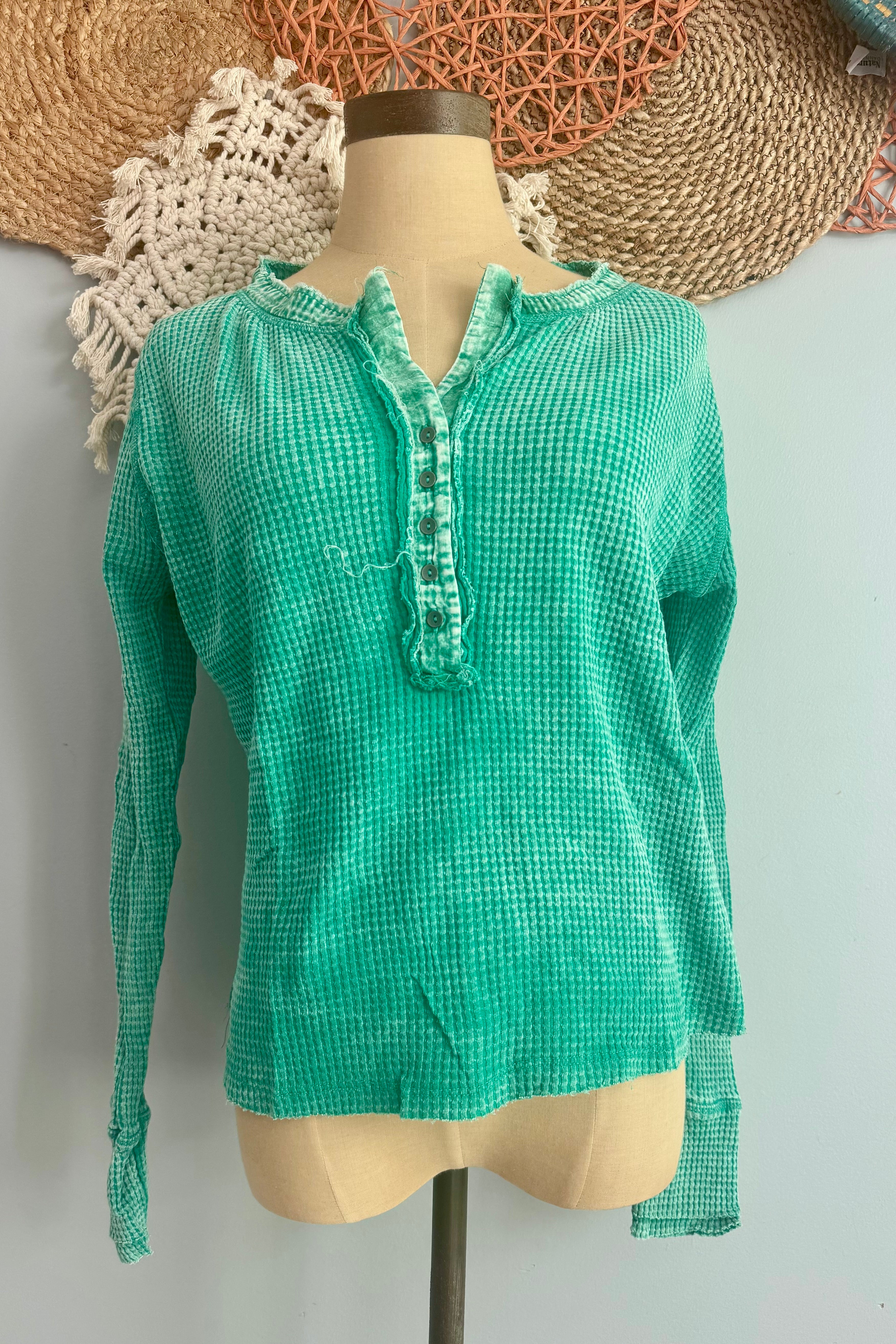 SALE Washed Baby Waffle Henley Long Sleeve Top