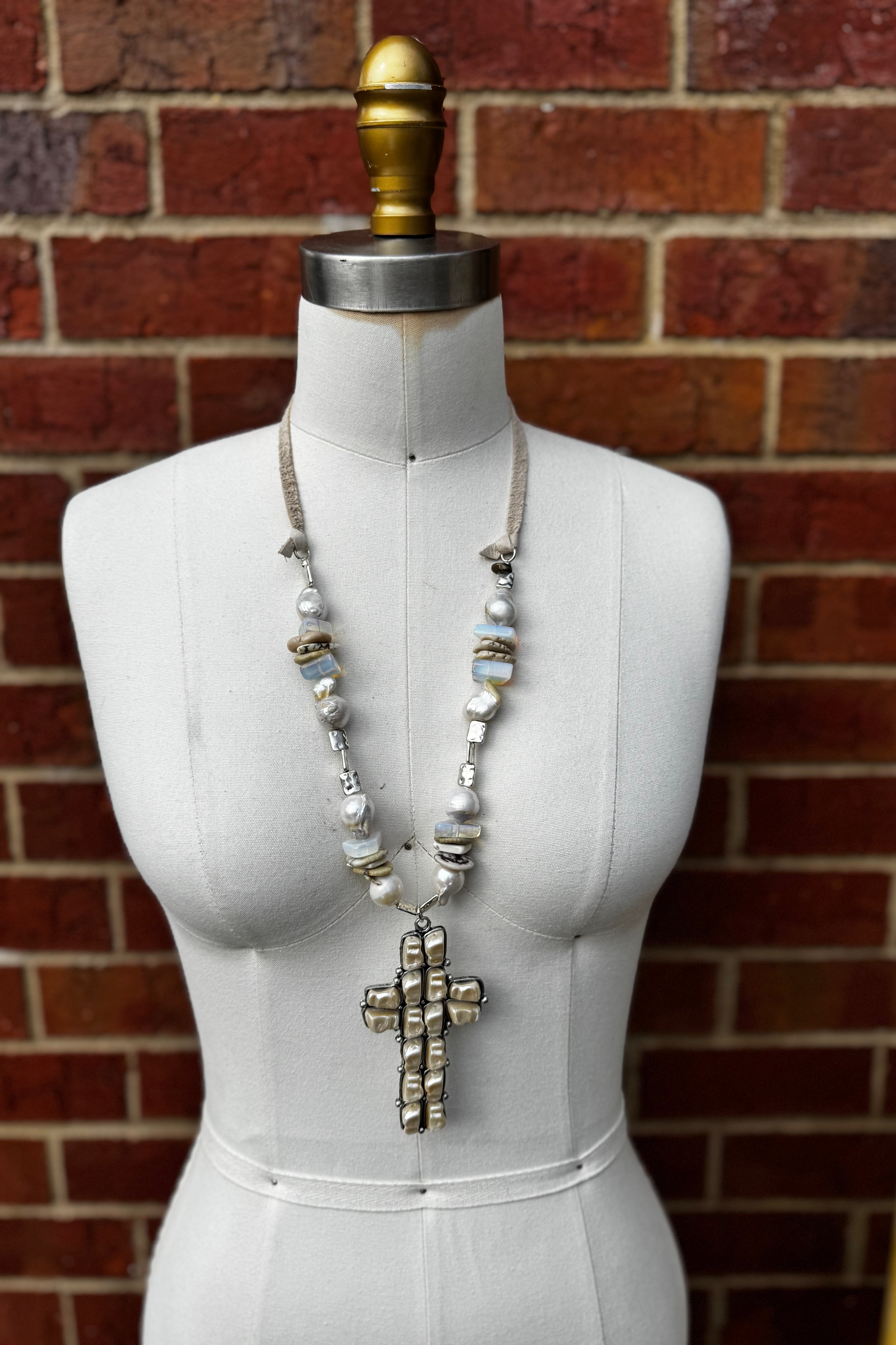 Pearl & Moonstone Cross Adjustable Boho Necklace