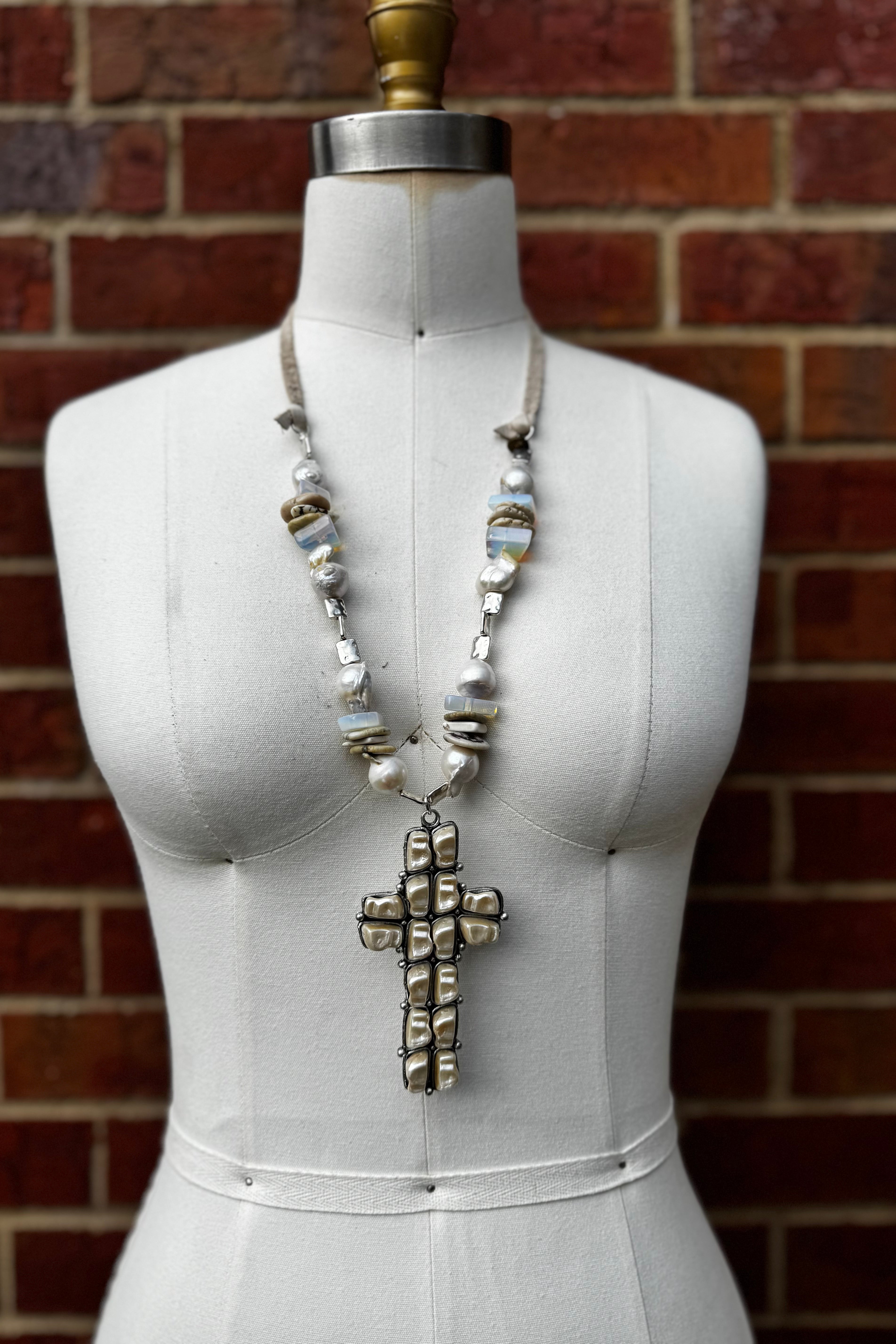 Pearl & Moonstone Cross Adjustable Boho Necklace