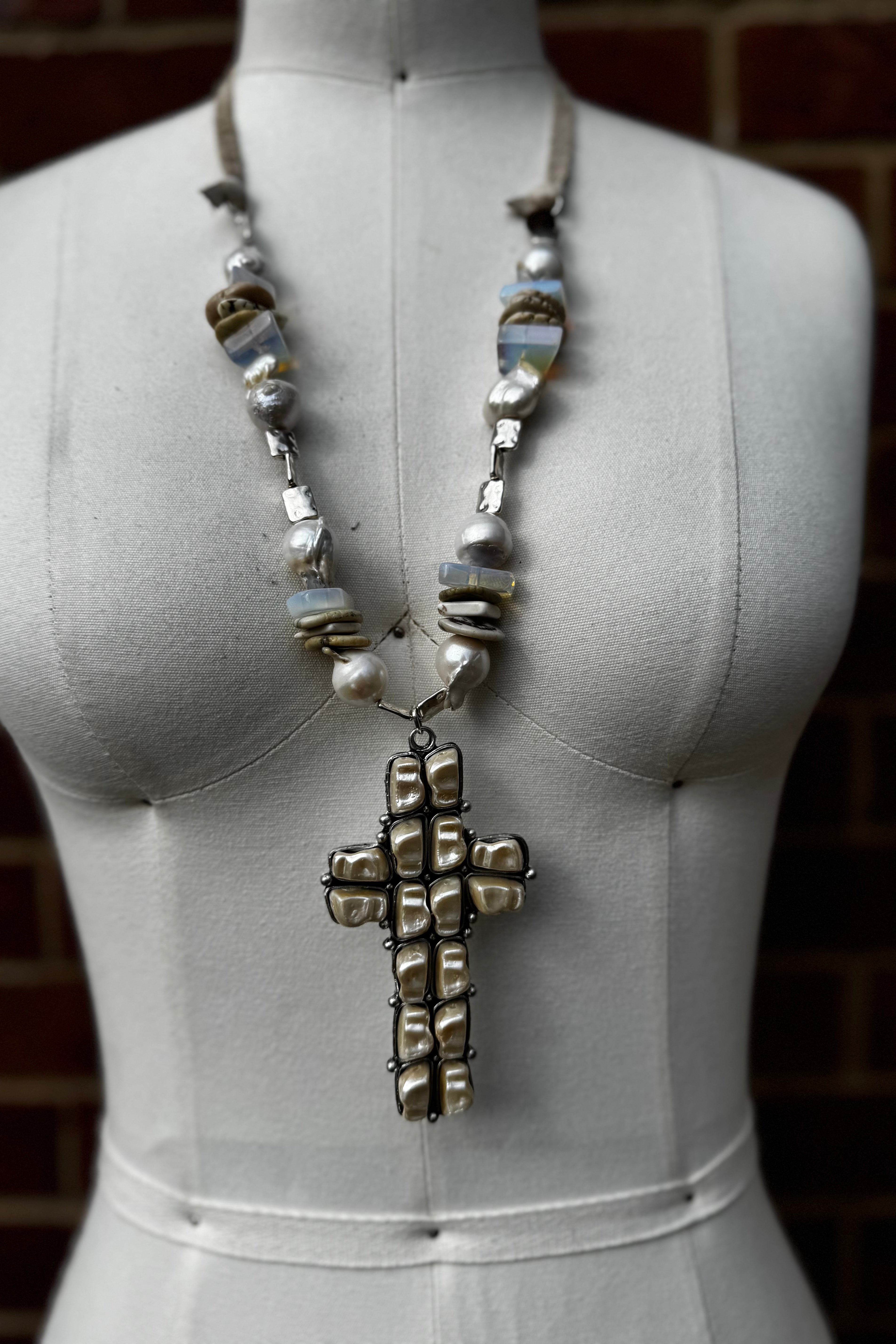 Pearl & Moonstone Cross Adjustable Boho Necklace