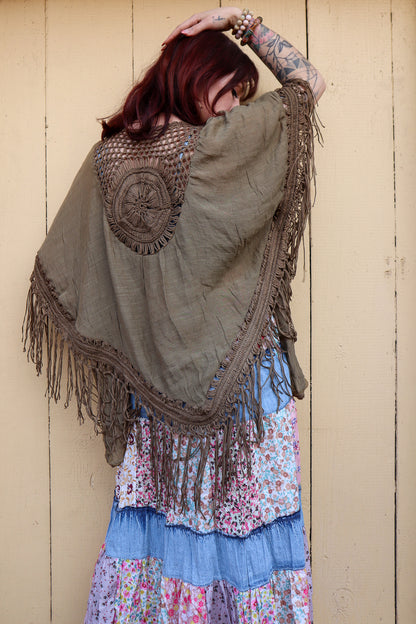 Sale - Crochet Medallion Tassel Kimono S-XL Boho Fringe Cardi