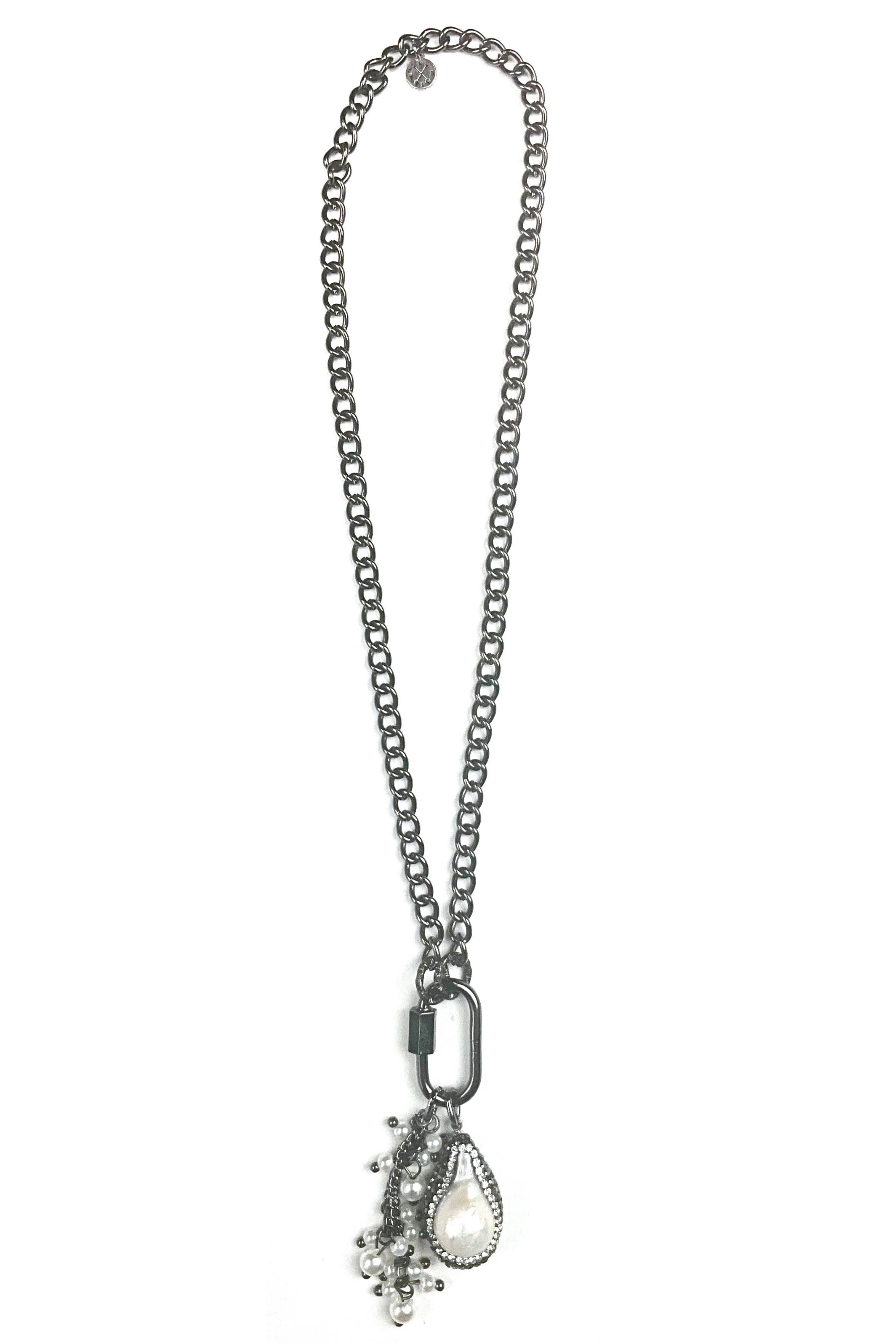 Sparkle Bright Med. Curb Chain w/Front Carabiner Pave Edge Pearl